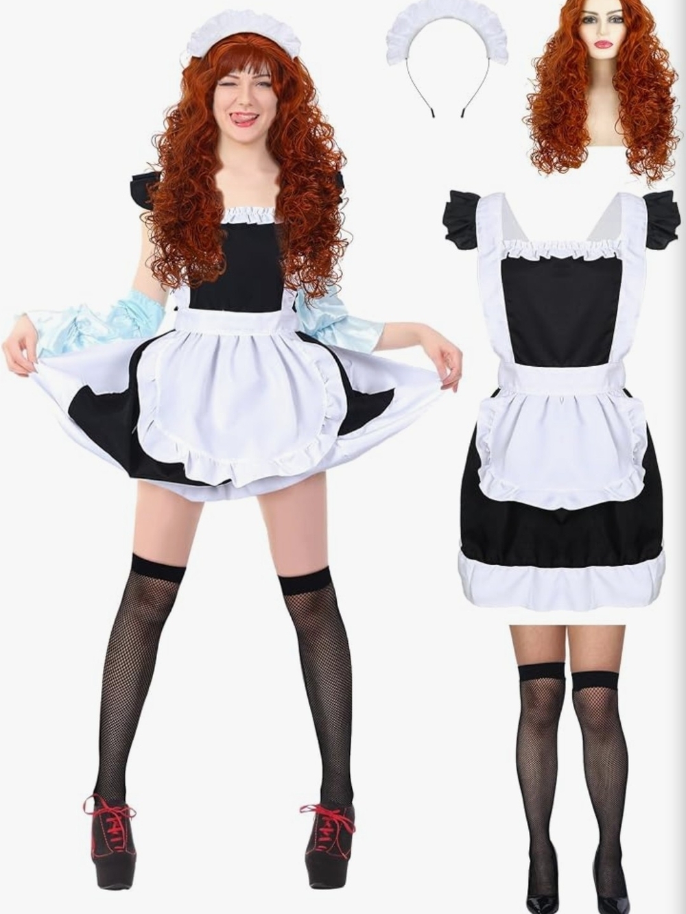 Black & White Maid Costume with Headband And Wig